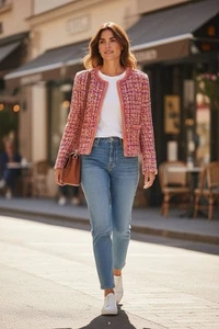 Chaqueta Tejida Multicolor Estilo Vintage Lana Tweed Rosa Hecha a Mano Talla L,XL - Imagen 1 de 7