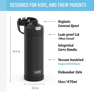 THERMOS FUNTAINER 16 Ounce Stainless Steel Vacuum Insulated Bottle, BLACK, NEW - Picture 1 of 4