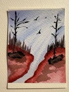 Original ACEO - Bäume, bei Nacht, auf See - handbemalt ACEO in Aquarell - Bild 1 von 2