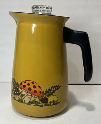 Vtg 1970s Sears Merry Mushroom Percolator Coffee Pot Enamelware Pitcher - Image 1 of 4