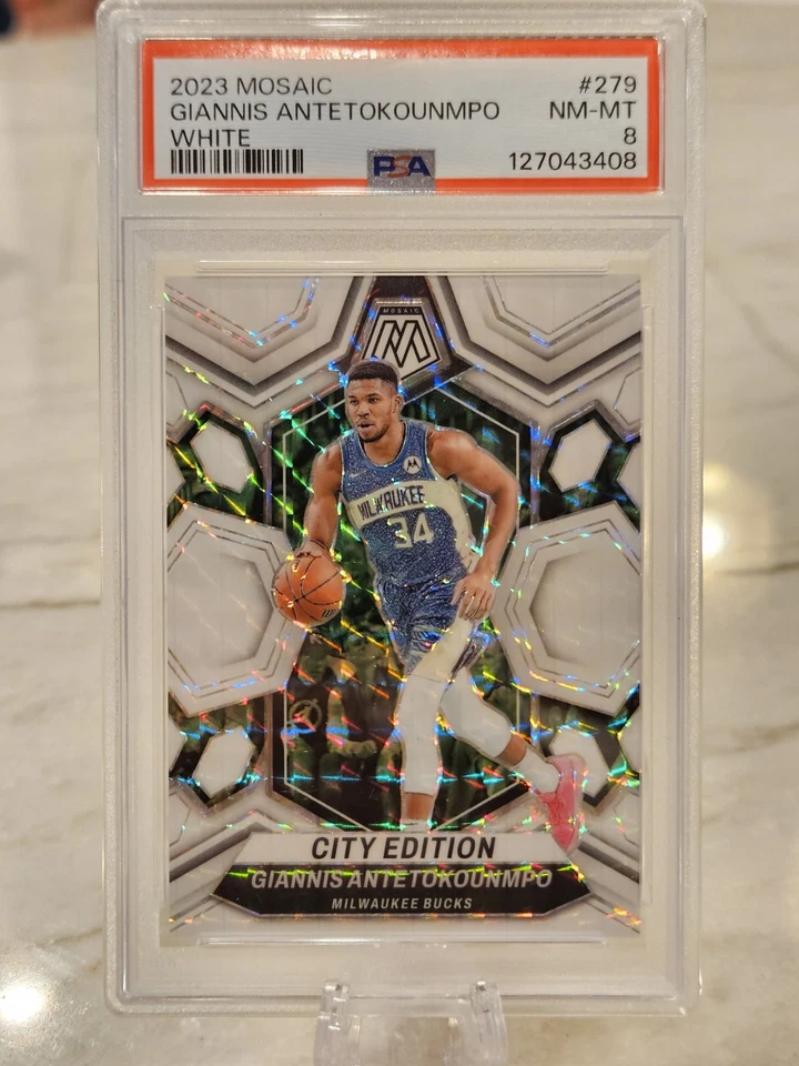 Giannis Antetokounmpo White Sparkle 2023-24 Panini Mosaic City Edition/25 PSA 8 - Image 1 of 2