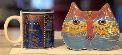 Taza de café de cerámica para gatos Laurel Burch y bandeja para gatos Wine Things borde azul dorado bonita Foto 1 de 4