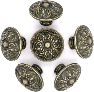 6 Stück Vintage Antik Messing Knöpfe Griffe Ziehen mit Blumenmuster für Schrank - Bild 1 von 12
