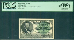 Boleto de la Expo Colombiana 1893, Lincoln Serie A, PCGS 63PPQ Elección Nuevo - Imagen 1 de 2