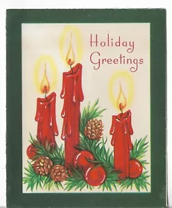 Used Vtg CHRISTMAS CARD-approx 4x5" Red Dripping Candles w/Pinecones - Picture 1 of 3