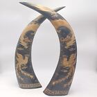 Carved Water Buffalo Horns w/ Oriental Dragons on Wood Pair 20" Long. Pre-owned