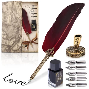 Feather Quill Pen and Ink Set - Calligraphy Dip Pen Antique Feather Pen Set - Picture 1 of 12
