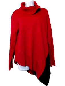 Chicos 1 Red Rayon Blend Turtleneck Sweater M Asymetrical Hem Black Accent - Picture 1 of 6