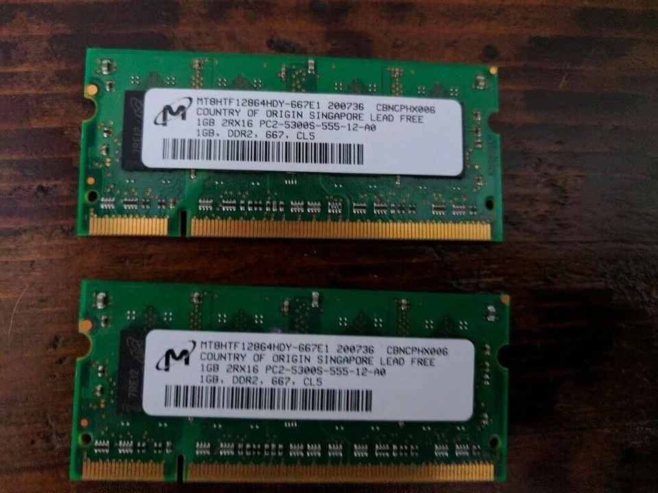 SALE 2 X 1GB MICRON 2RX16 PC2-5300-555-12-A0 667MHz DDR2 LAPTOP MEMORY - TESTED - Image 1 of 1