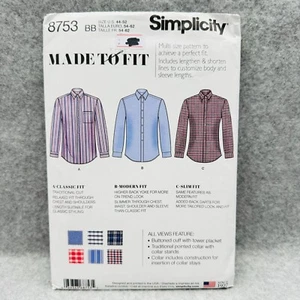 Simplicity 8753 Button Up Shirts w Long Sleeves Collar Mens Size 44 52 Pattern - Picture 1 of 6