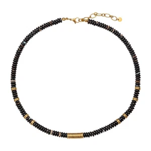 Gold Stainless Steel Oblate Round Black Onyx Stone Beads String Necklace Charm - Picture 1 of 6