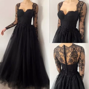 Gothic Black Wedding Dresses Long Sleeve Illusion Button Back Bridal Gown Custom - Imagen 1 de 10