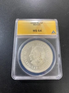 1948 MO MEXICO 5 PESOS QUAUHTEMOC ANACS MS-64 - UNCIRCULATED - SILVER - SLABBED - Picture 1 of 2