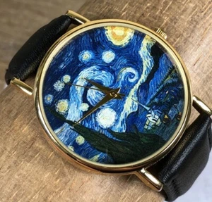 Vincent Van Gogh STARRY NIGHT Gold Tone Black Band Watch - Picture 1 of 5