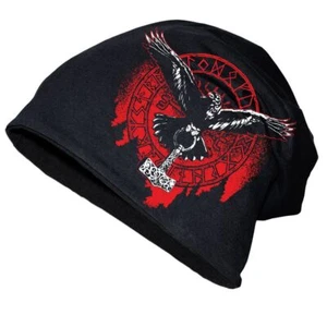 Herren Long Beanie Mütze Odins Raben mit Thors Hammer Wikinger nordic norse skal - Bild 1 von 2