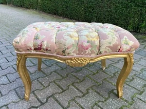 Ottoman Bench Louis XVI Gold Leaf Vanity Seat Pink Tufted Silk Damask 1980s - Picture 1 of 10