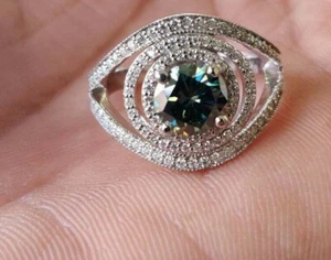 2 Ct Genuine Green Moissanite Women's Evil Eye Ring 14k White Gold Plated Silver - Picture 1 of 12