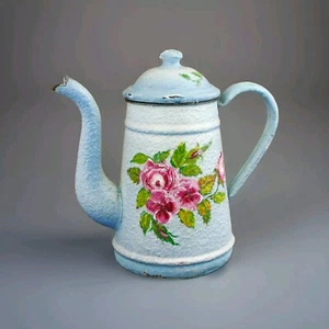 Vintage Französische KAFFEEKANNE Emaillegeschirr Rosen Emaille Teekanne Cafetiere - Bild 1 von 11
