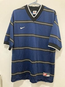 Vintage Nike 90s Navy Soccer Jersey White Tag Vintage Made In USA Size L. J57 - Picture 1 of 6