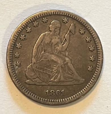 1861 seated liberty Quarter  ,  VF + , nice coin - Image 1 of 4