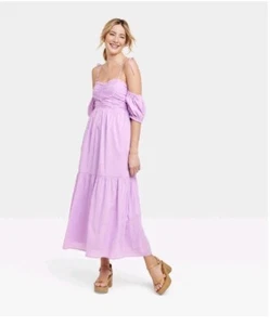 Universal Thread Milkmaid Gauze Puff Sleeve Tie Shoulder Maxi Dress Purple XL - Picture 1 of 10