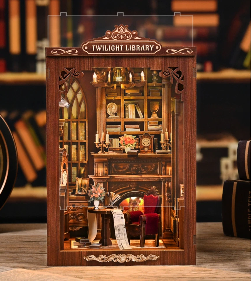 暮光之城图书馆 DIY 微型书角落 木制 3D 拼图书立套件 手工制作 — 第 1/4 张图片