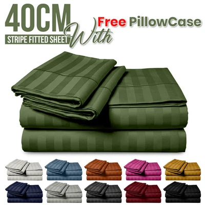Stripe Fitted Sheet 40cm Deep With Free Pillow Cases 3 Piece Luxury Bedding Set - Image 1 of 4