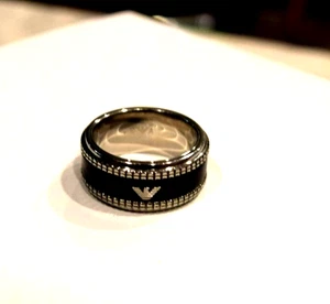 EMPORIO ARMANI Mens Ring Size 10 Silver color Stainless Steel Black rim - Picture 1 of 3