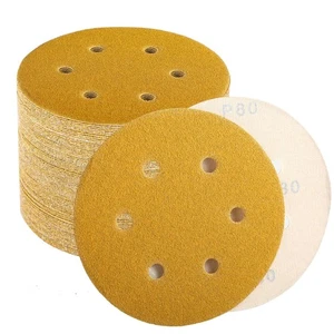 Paquete de 100 discos de lijado de 6" 6 agujeros P320 gancho de grano lazo lijadora orbital dorada papel de arena - Imagen 1 de 5