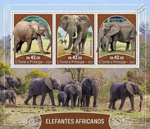 ELEFANTI AFRICANI Mammiferi Animali Elefante MNH Foglio timbro 3v (2021 Sao Tome) - Foto 1 di 1