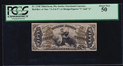 US 50c Justice Fractional Red Back Note FR 1348 PCGS 50 V Ch AU (05) VERY SCARCE - Image 1 of 2