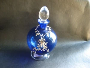 VTG VERY RARE COBALT GLASS WITH MOUNTED STR.SILVER 925 LEAVES BY HAZORFIM ISRAEL - Picture 1 of 5