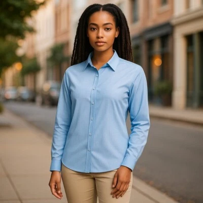 Camisa de vestir para mujer North End de sarga a cuadros - azul claro - talla mediana Foto 1 de 4