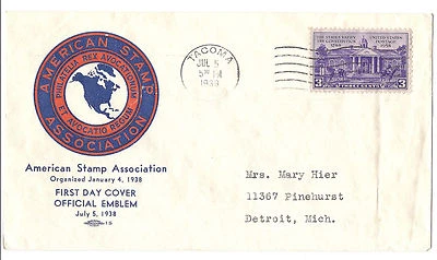 US Event Cover - American Stamp Association Emblem - SC 835 - July 5, 1938 - Image 1 of 2