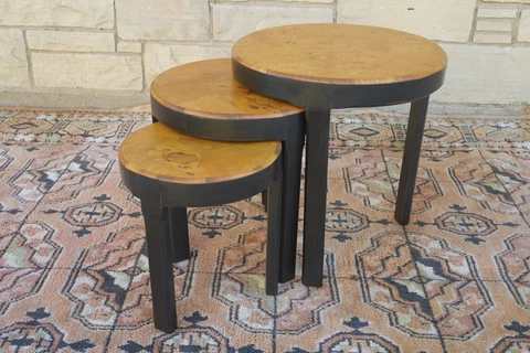 Mid Century Modern Round Black Lacquer & Burl Yew Nesting End Tables Cover