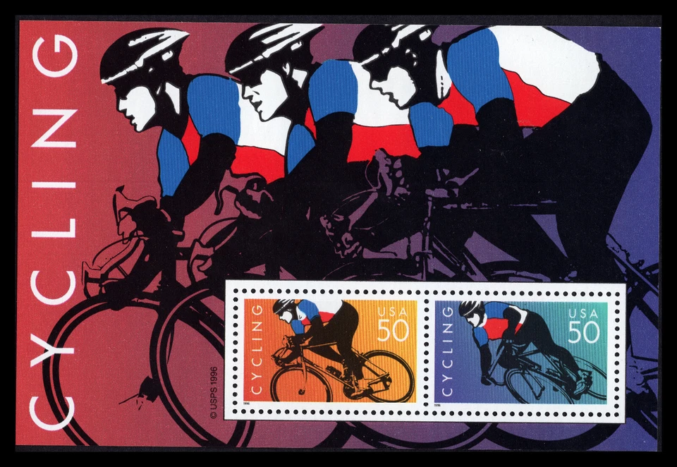 US Scott # 3119, Cycling Souvenir Sheet, (2) 1996 50¢ Stamps, MNH - Image 1 of 1
