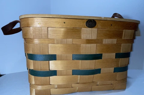 Large Peterboro Basket Picnic Storage Green Accents w/ Lid and Leather Handles Cover
