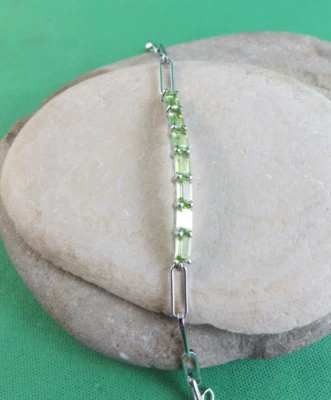 Green Peridot Paper Clip Style Chain Sterling Silver 925 Tennis Bracelet #221 - Image 1 of 4