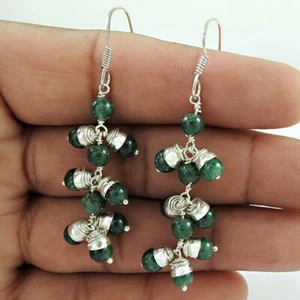 Verde Natural Aventurina Cuentas Piedra Preciosa Pendientes Largos 925 Plata Z2 - Imagen 1 de 5