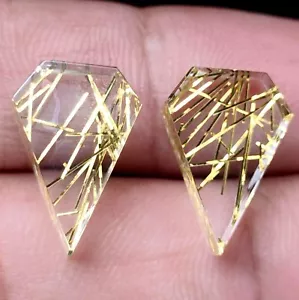 Golden Rutile Quartz Lab Created Both Side Flat Fancy Shape Pair Loose Gemstone - Picture 1 of 5