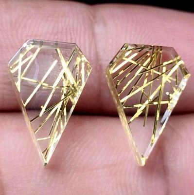 Golden Rutile Quartz Lab Created Both Side Flat Fancy Shape Pair Loose Gemstone - Image 1 of 4