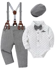 Baby Boy Tuxedo Outfit Gentleman Suit with Beret Hat Suspender Pants Bowtie - Picture 1 of 6