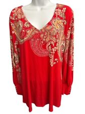 JM Collection Top XXL Red Paisley Stretch Long Sleeve Gold Buttons 2X Blouse