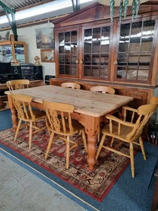 Pine Farmhouse Scrub Top Kitchen Dining Table & Six Dining Chairs - Picture 1 of 21