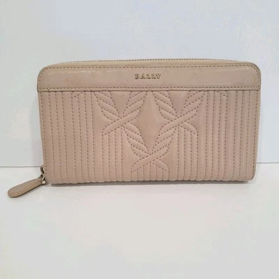 Cartera Bally Suiza Cremallera Alrededor Beige Tostado 7x4 Grande Logo Cuero Acolchado  Foto 1 de 4
