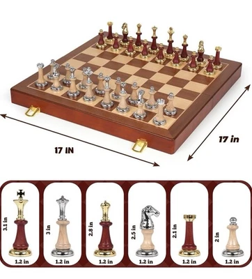 17 Inch Wooden Chess Set with Metal & Wooden Chess Pieces Luxury Board Game Set - Image 1 of 4