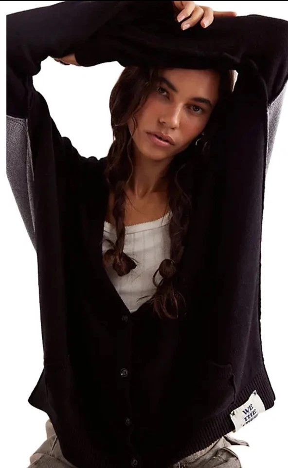Cárdigan Free People Essential We The Free Bolsillos Botón Lana Negro Gris XL NUEVO CON ETIQUETAS Foto 1 de 4