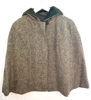 RELDAN England Vintage 60's Wool Tweed Hooded Cape Jacket Velvet Accent 12 M/L - Image 1 of 4
