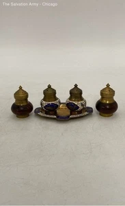 Brass And Enamel Collectibles Salt And Pepper Shakers With Tray 2 Sets - Picture 1 of 6