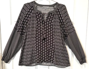Daniel Rainn Women’s Boho Peasant Blouse XL Black White Print Long Sleeve Rayon - Picture 1 of 12